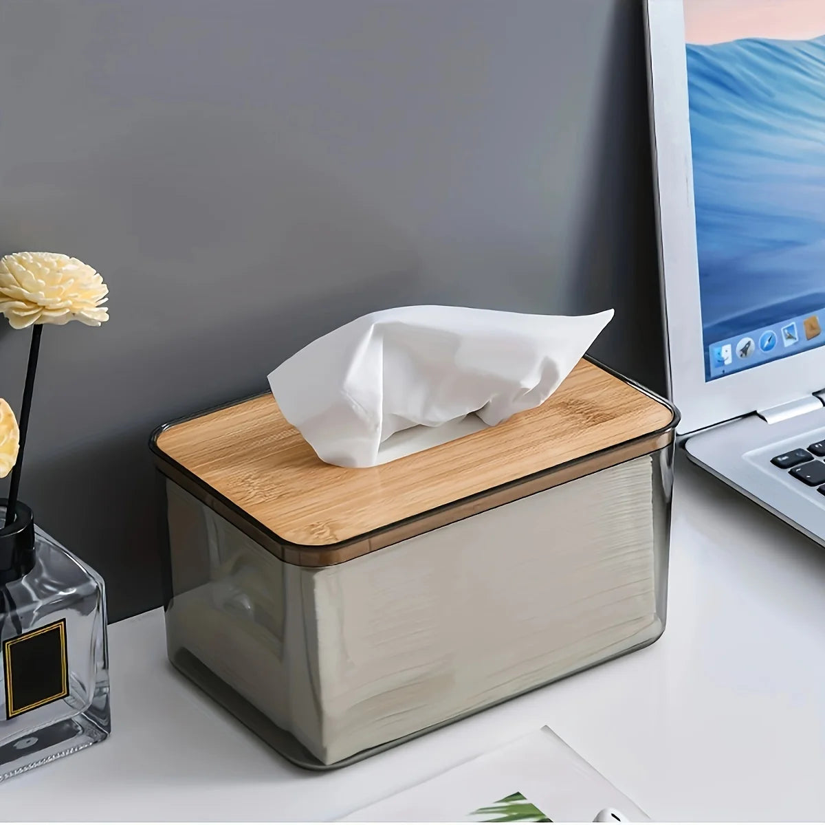 Clear Tissue Box with Bamboo Lid