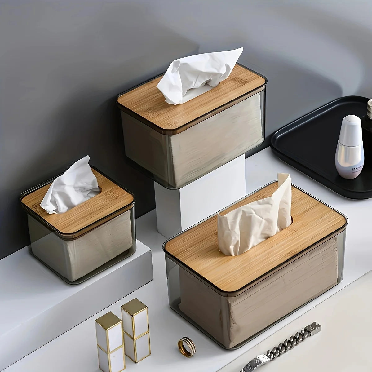 Clear Tissue Box with Bamboo Lid