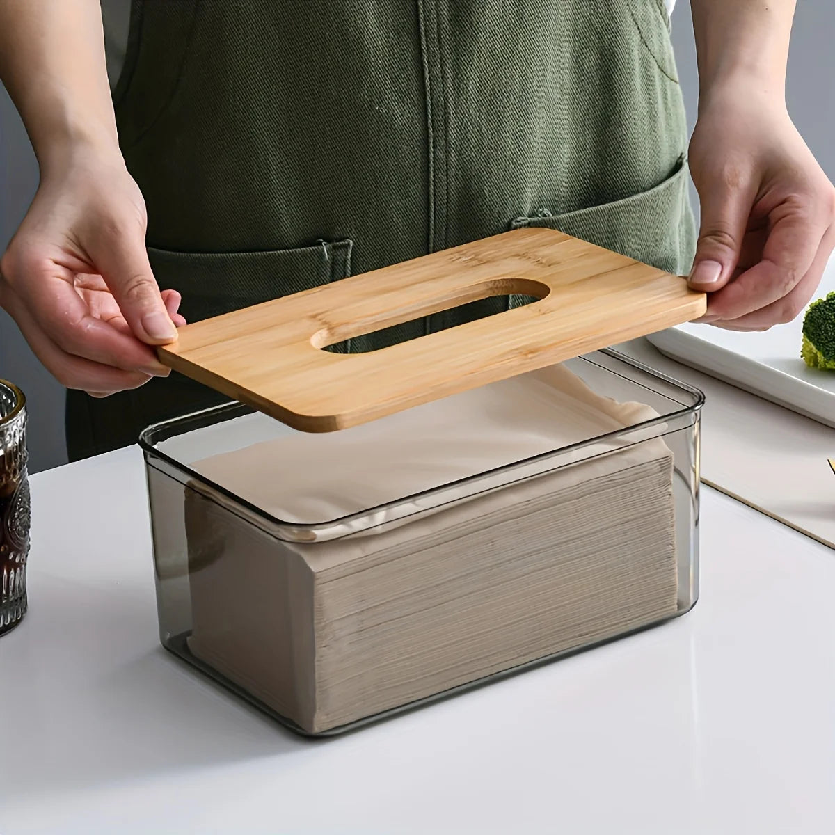 Clear Tissue Box with Bamboo Lid