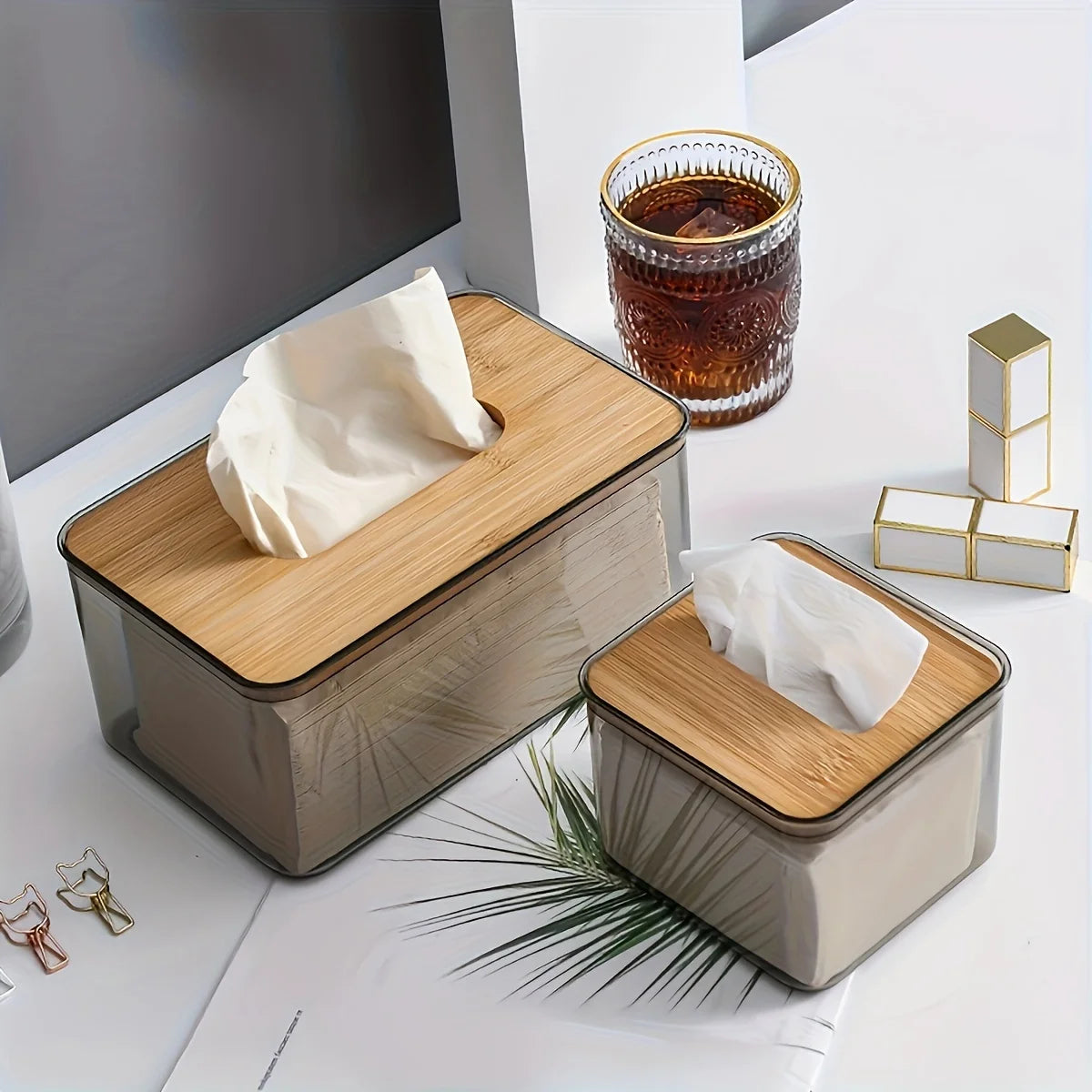Clear Tissue Box with Bamboo Lid